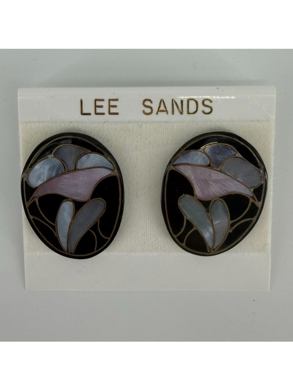 Vintage Lee Sands Mother of Pearl Inlay Black Floral Earrings